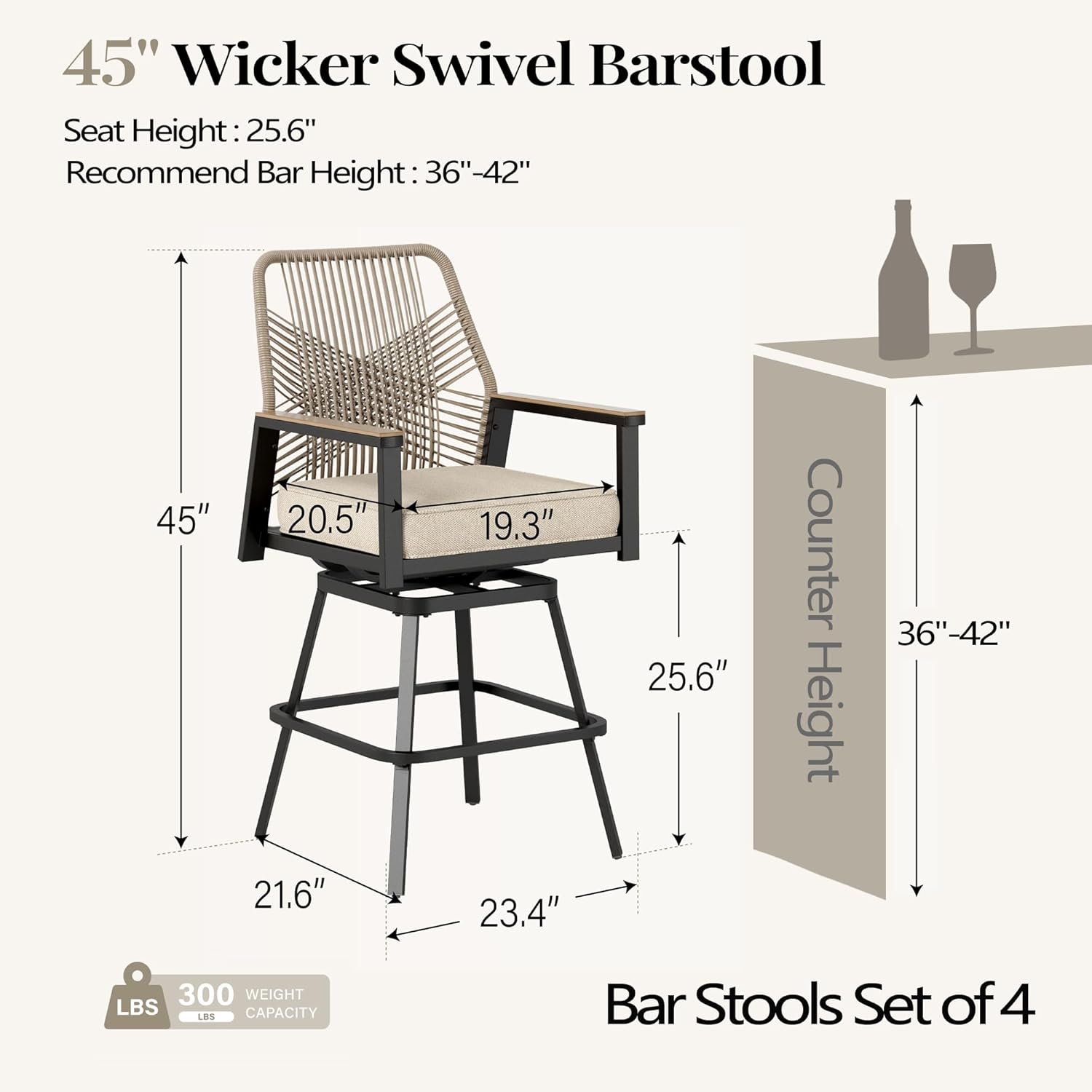 Outdoor Bar Stools Set of 4, 360°Wicker Swivel Bar Stool with Armrest, All Weather Bar Height BarStools with 3.2" Cushion for Patio, Poolside, Kitchen, Beige