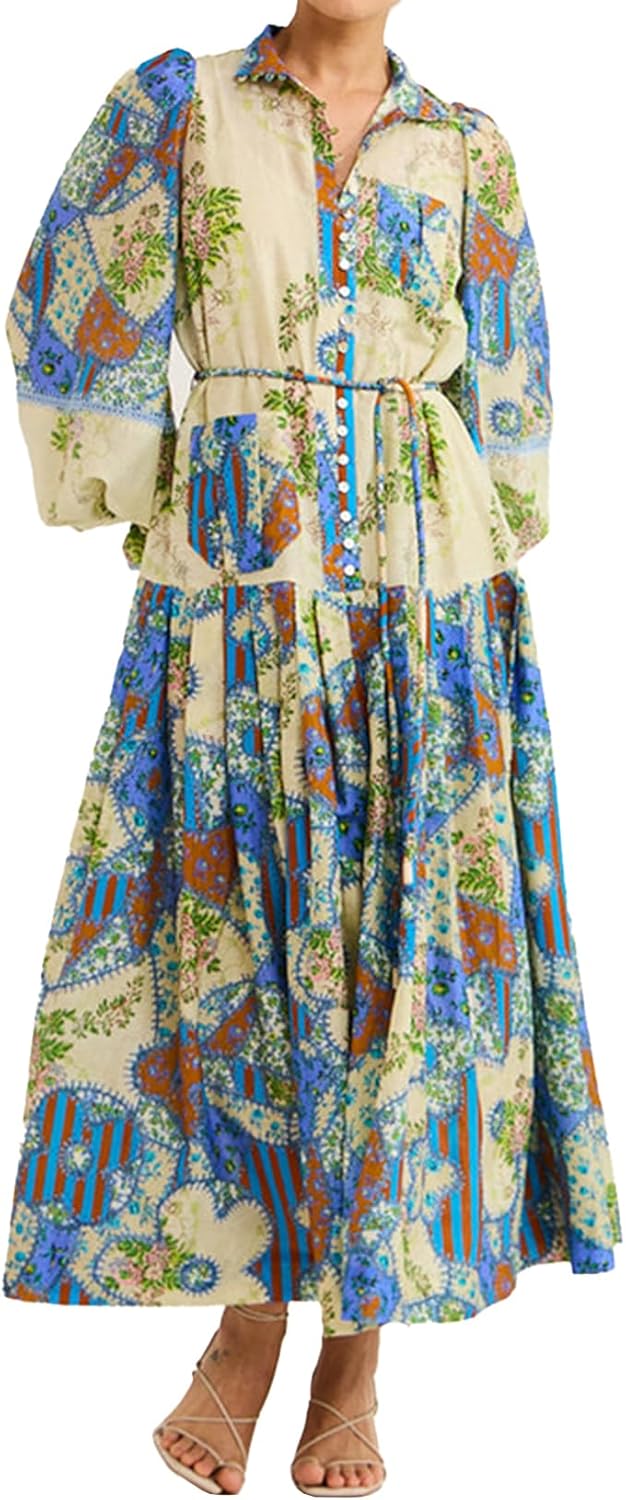 Flower Printed Womens Fall Dress with Belt Vintage Nigeria Ubuy - Main Image