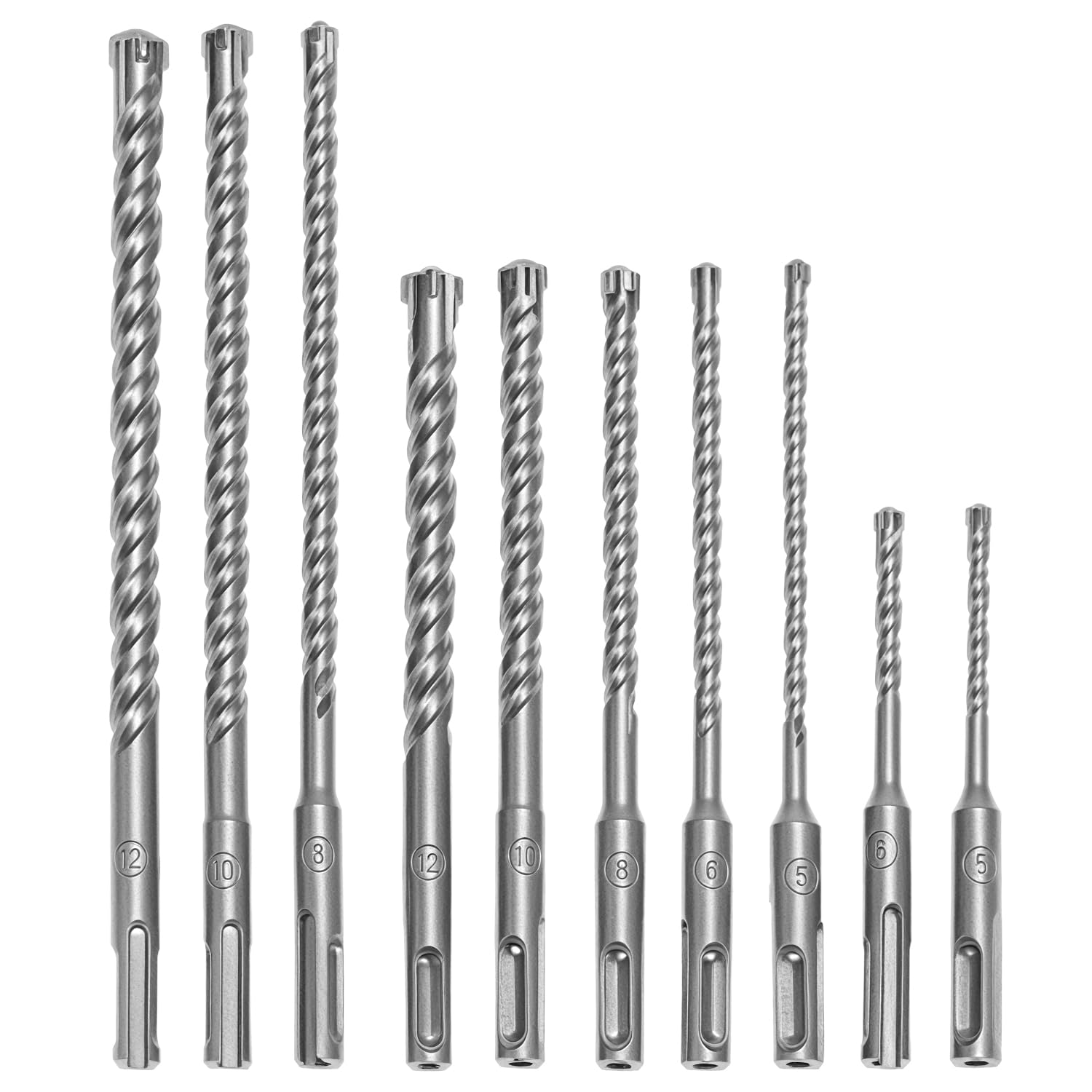 QWORK®10 Piezas juego de brocas SDS Plus, para hormigón, ladrillo y piedra con diseño de 4 filos de corte,Ø 5, 6, 8, 10, 12 mm, longitud 110 mm, 160 mm, 210 mm