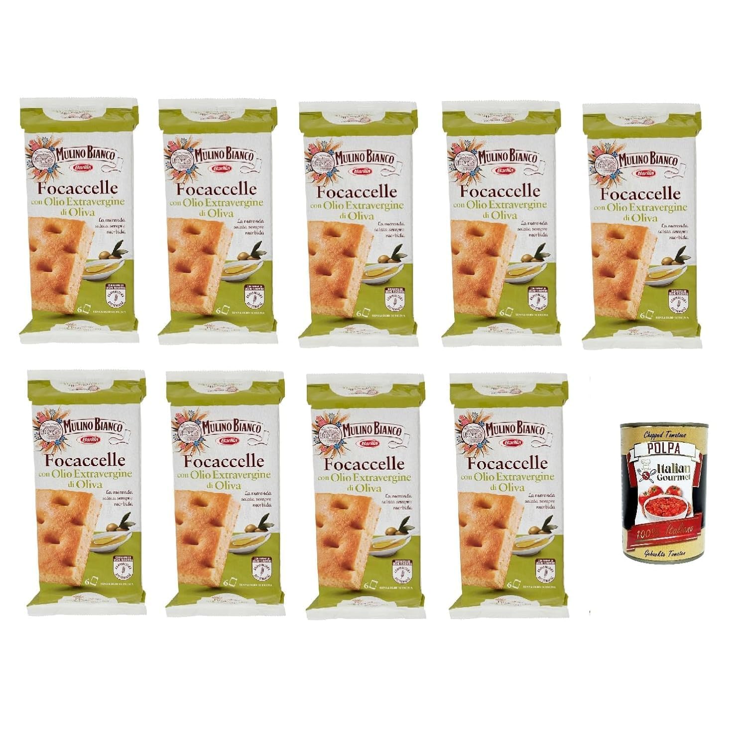 Italian Gourmet Bundle Focaccelle Mulino Bianco 9 x 198 g – Snacks italiens moelleux à l’huile d’olive, idéal apéritif, goûter, lunch box, pique-nique, en-cas salé, à partager + Italian Gourmet Polpa