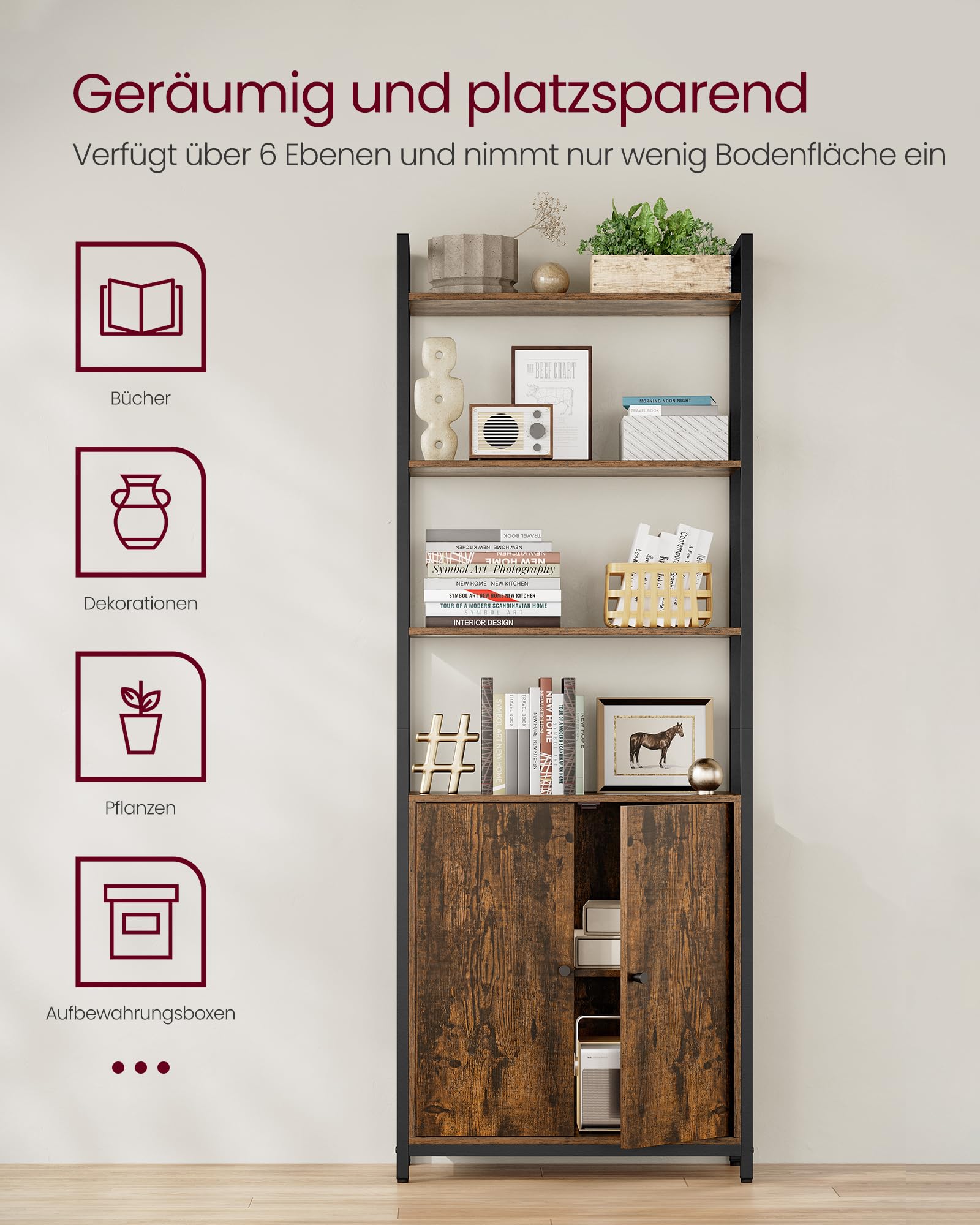 VASAGLE Bücherregal 6 Ebenen Standregal mit Türen Metallrahmen verstellbare Ablagen 24 x 60 x 159,5 cm vintagebraun-tintenschwarz