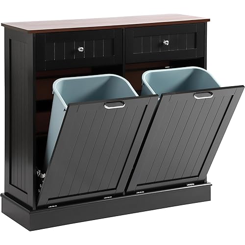 Tilt Out Trash Can Cabinet Dog Proof with Double Wood Hidden Trash Can Holder, Kitchen Free Standing Recycling Cabinet（Black）