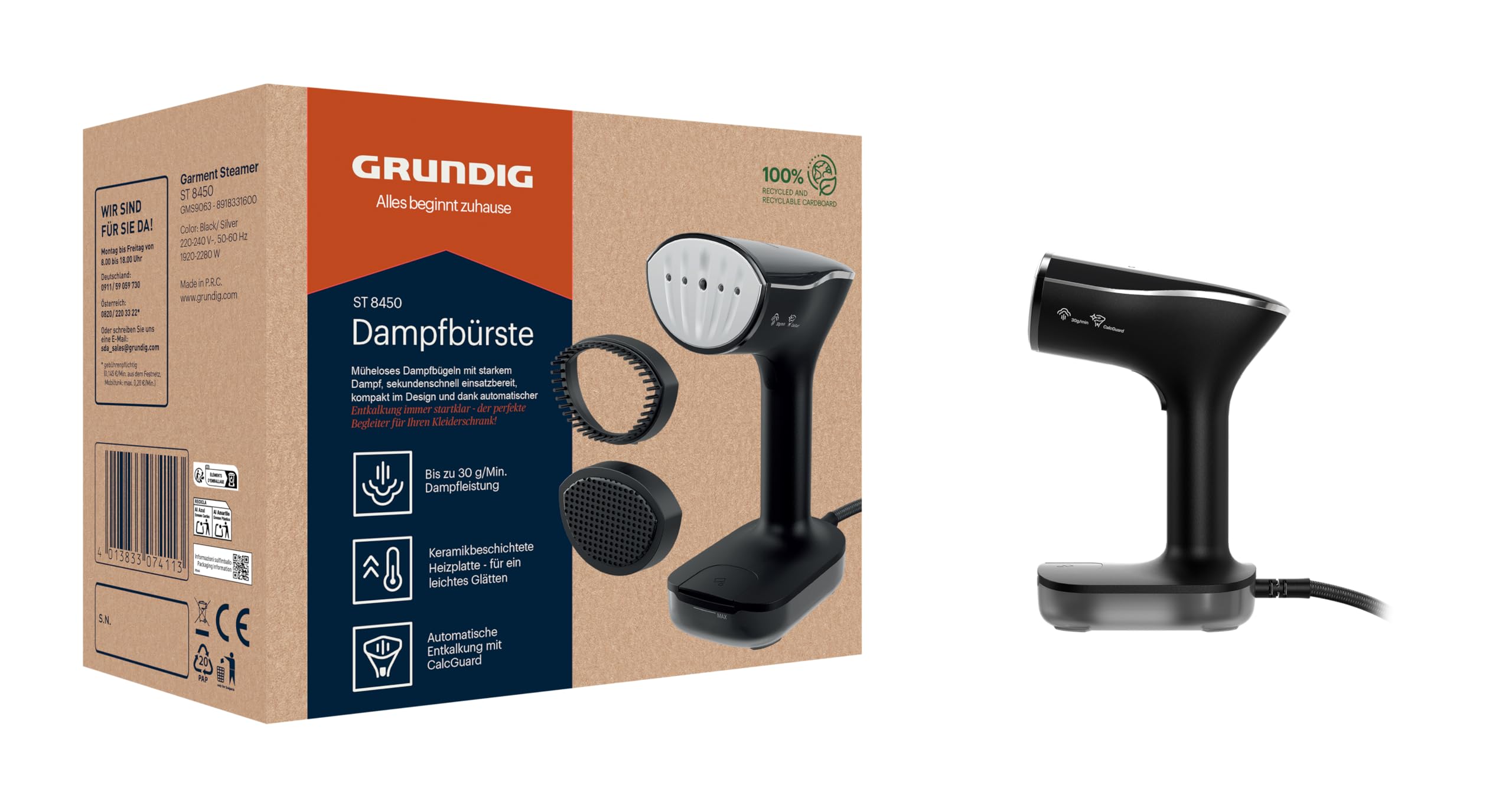 Grundig ST 8450 CalcGuard Cepillo de Vapor con 2280 W, placa de cerámica, 30 g/min, compacto, rápido e ideal para viajar