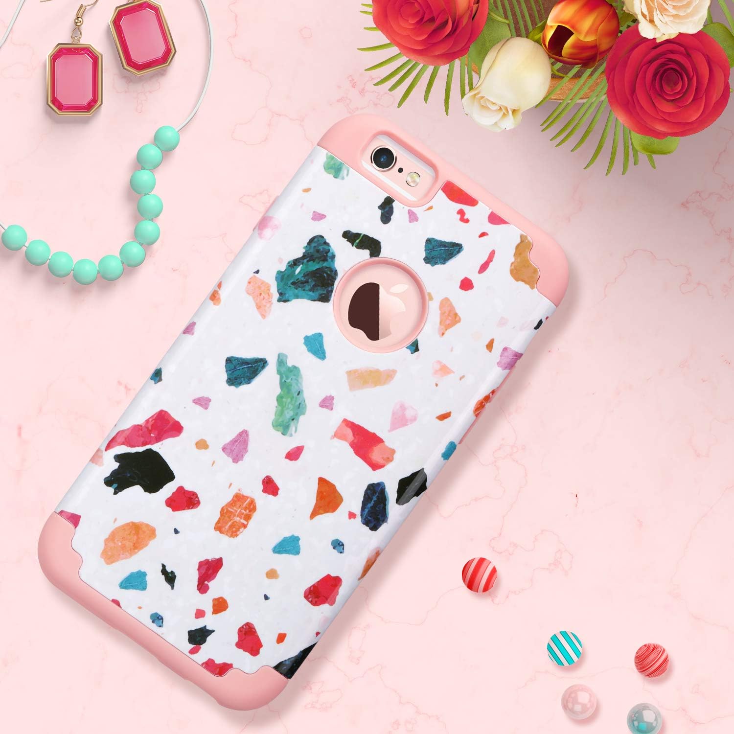 ULAK Case for iPhone 6S & 6, Slim Fit Dual Layer Soft Silicone & Hard Back Cover Bumper Protective Shock-Absorption & Skid-Proof Anti-Scratch Case (Colorful Stone)