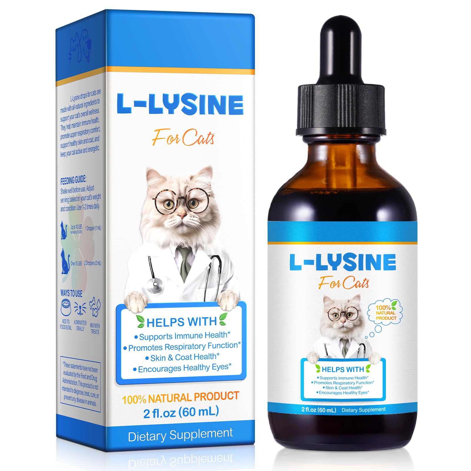 L Lysine Drops,L-Lysine For Cats L-Lysine Nutritional Supplements For Immune Support Sneezing, Cold, Runny Nose, Feline Respiratory, Eye Function 60ml (60ML)
