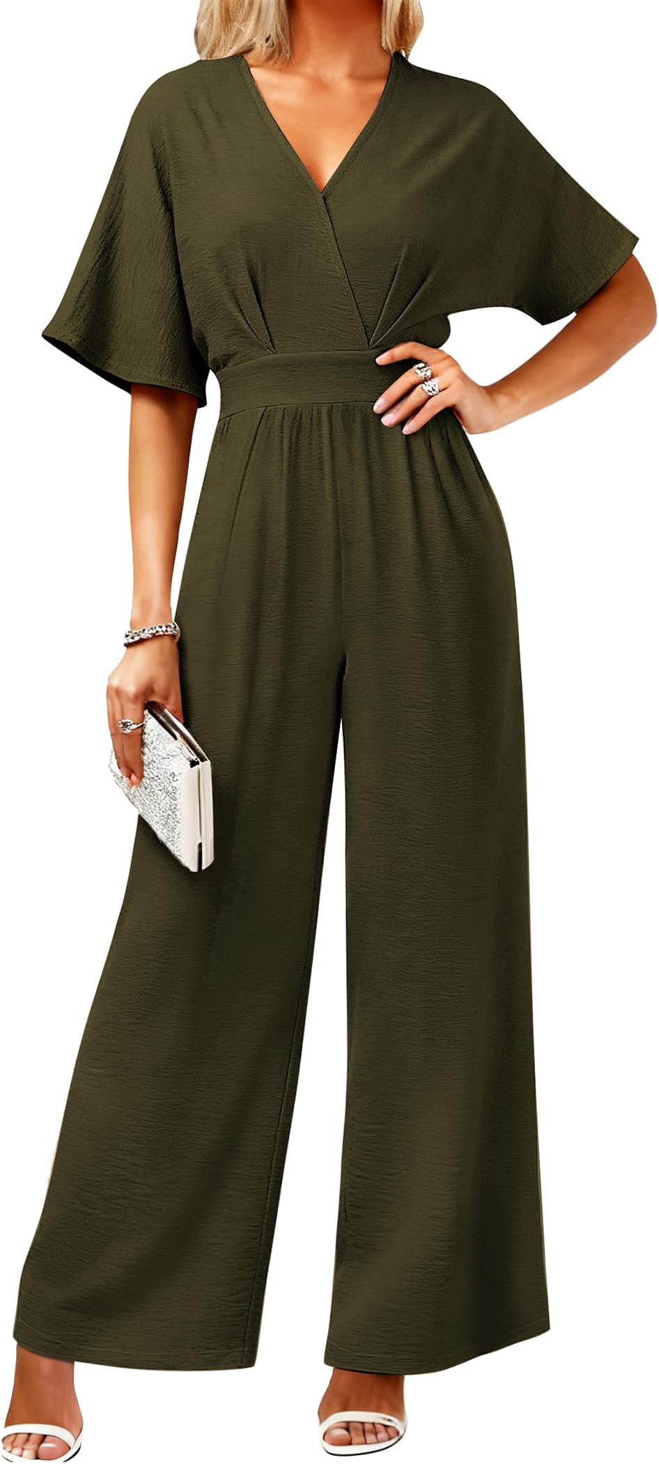 Women's One Piece Jumpsuits Dressy Casual V-Neck Batwing Short Sleeve Wide Leg Elegant Ladies Jumpsuit Rompers