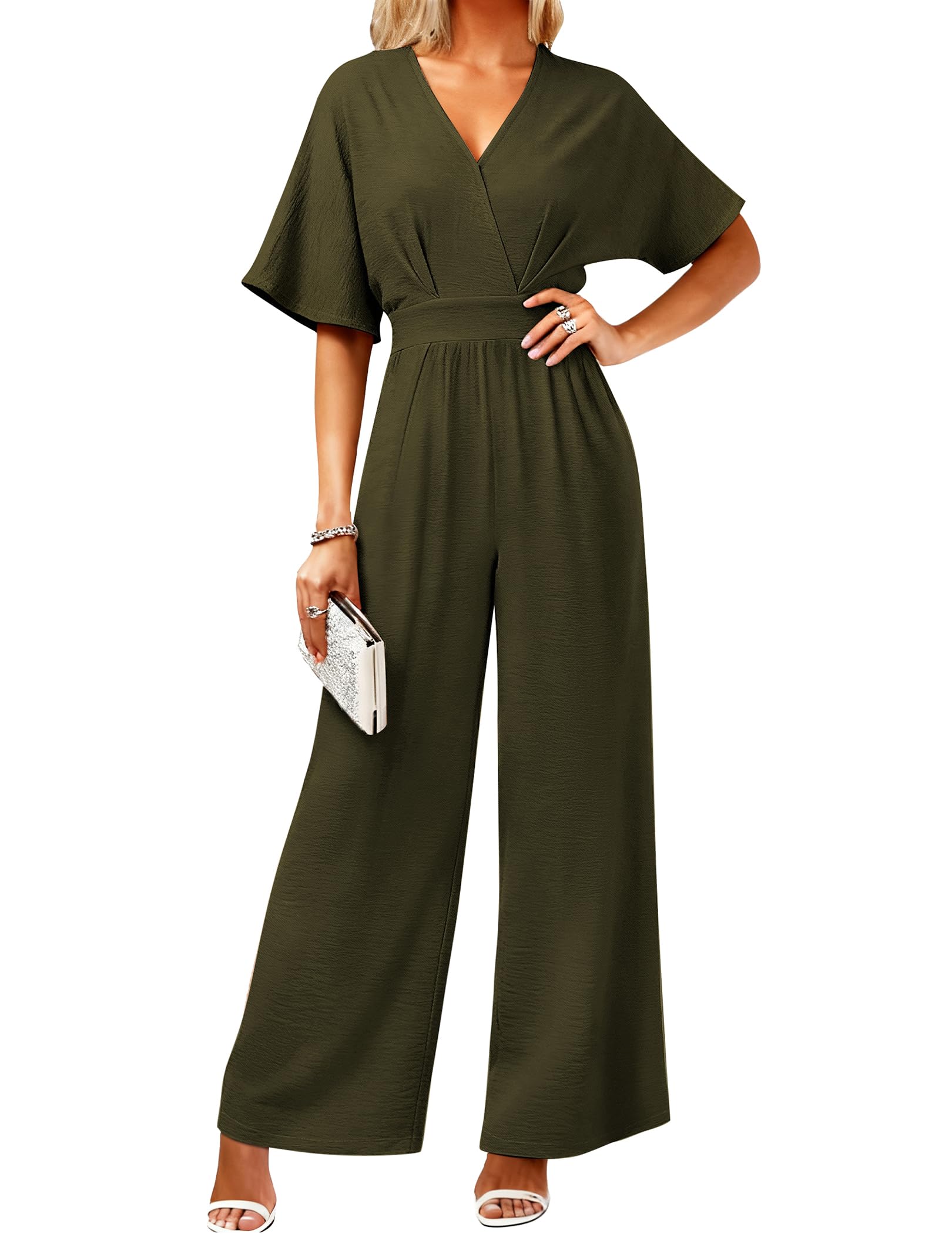 Women's One Piece Jumpsuits Dressy Casual V-Neck Batwing Short Sleeve Wide Leg Elegant Ladies Jumpsuit Rompers