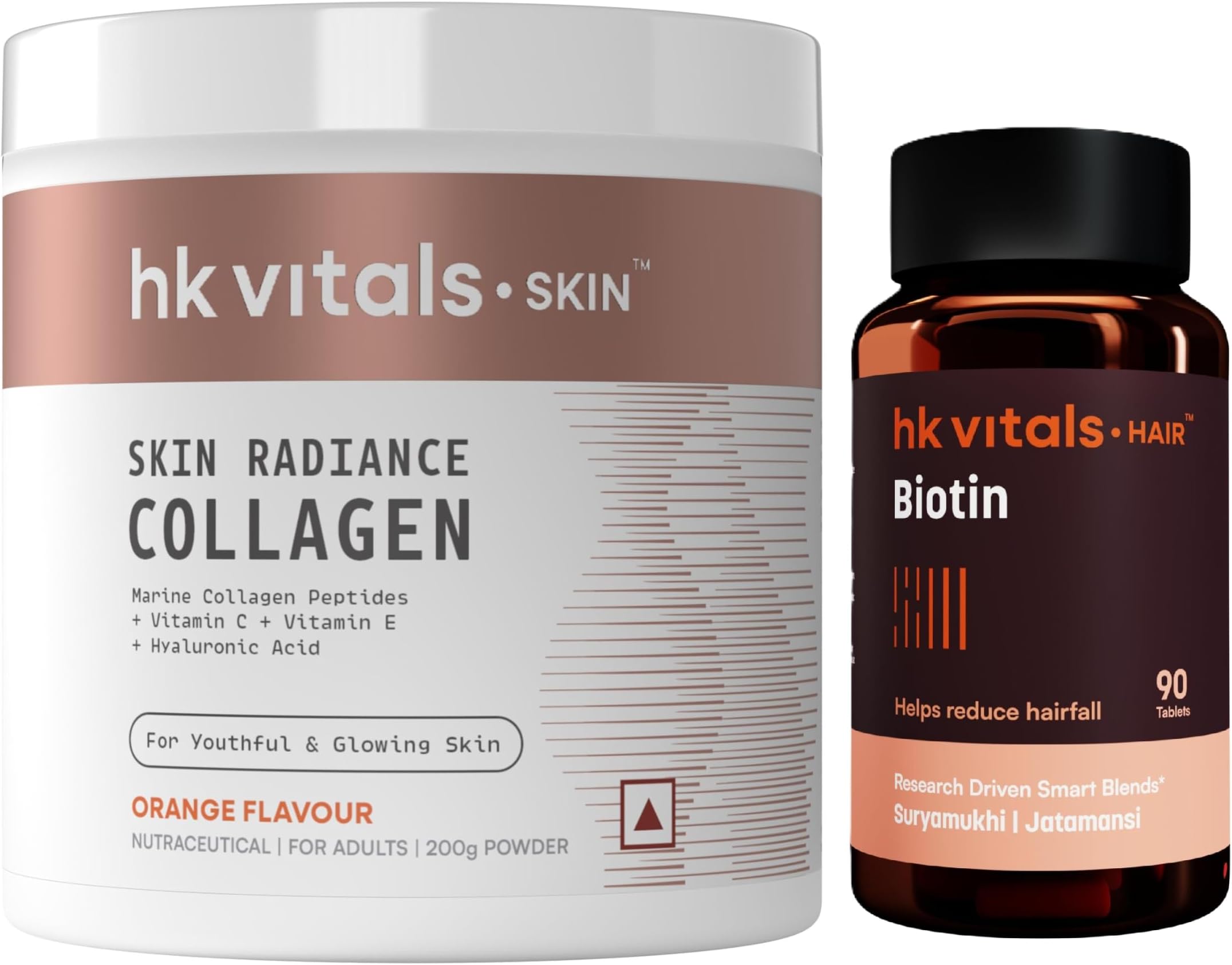 HealthKart HK Vitals Skin Radiance Collagen Supplement, 200 g and Biotin Supplement for Hair Growth and Glowing Skin, 90 Biotin Tablets (Combo Pack)