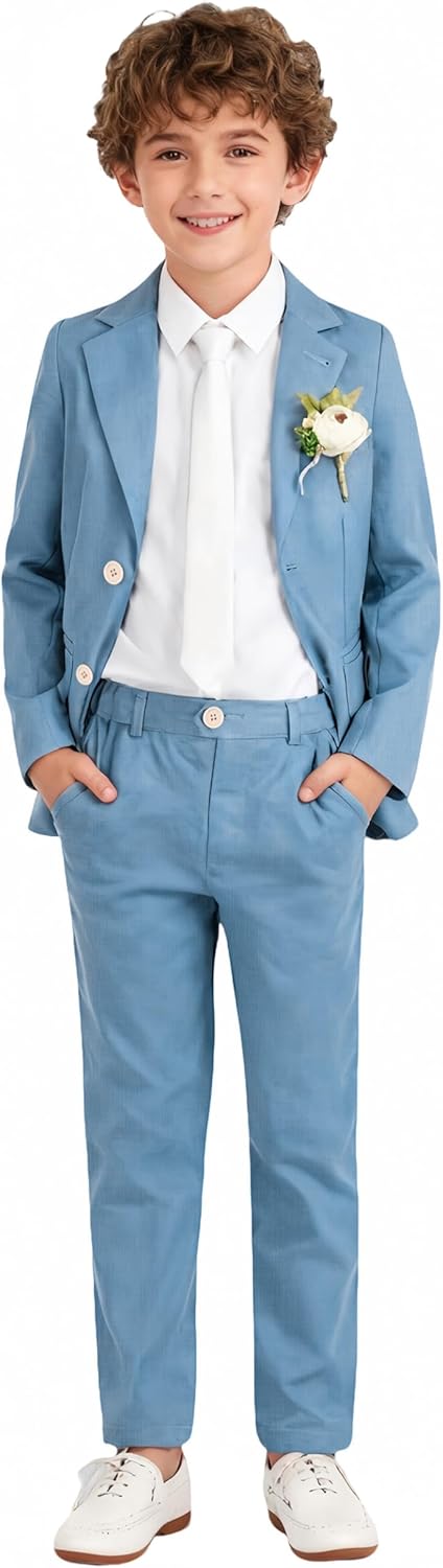 LOLANTA Boys Linen Suit Slim Fit Kids Lightweight Suit Jacket Pant Set for Family Gatherings, Holiday Celebrations, School