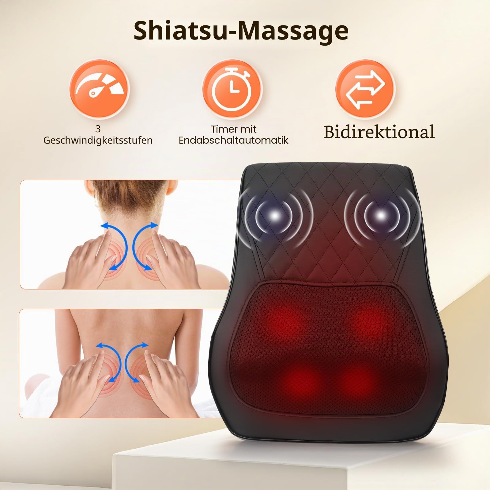 Nackenmassagegerät mit Wärme, 3D Knet Massagekissen Shiatsu zur Schmerzlinderung, Nackenmassagegerät mit 3 Geschwindigkeiten 2 Richtungen, Elektrische Massagekissen für Nacken, Rücken
