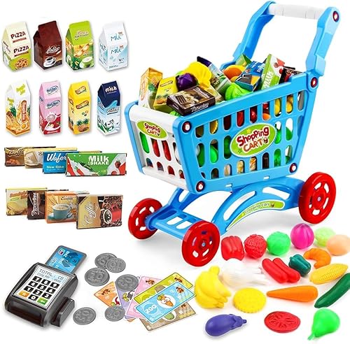 deAO Carrito de Compras Trolley para Niños para Comestibles Niños Pequeños 65 Alimentos Frutas Verduras Juego de Simulación Alimentos Juego de Roles