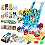 deAO Kids Shopping Cart Trolley for Groceries Toddlers 65 Food Fruit Vegetables Pretend Play Food Role Play Educational Toy Play Kitchen Toys Store Playset (Blue)