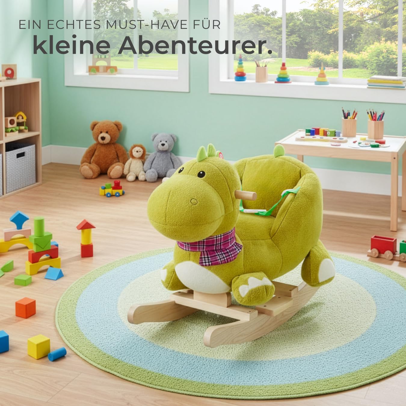 tectake® Schaukeltier mit Sicherheitsgurt und Soundeffekt, Schaukelpferd Baby ab 12 Monate, Baby Schaukel Indoor mit weichem Plüschbezug und Rückenlehne, breite Griffe - Dinosaurier