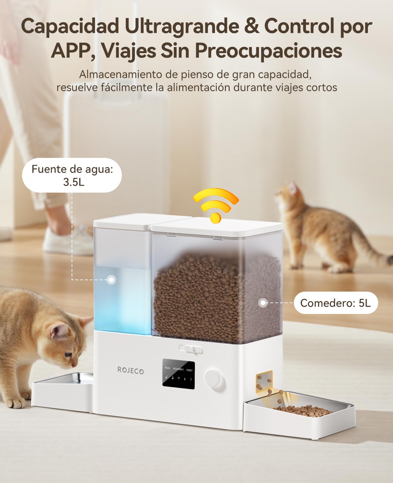 ROJECO Comedero automático para gatos y fuentes 2 en 1 – 8,5 L de capacidad total (5 L comedero + fuente de 3,5 litros), 1-36 porciones, 2 cuencos de acero inoxidable, sin BPA, para gatos y mascotas