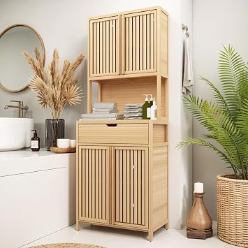 Bamboo Cabinet with Storage, Bathroom Floor Cabinet Side Storage Organizer with 4 Louvered Doors & Drawer Freestanding Console Table Entryway Bathroom Furniture, Natural