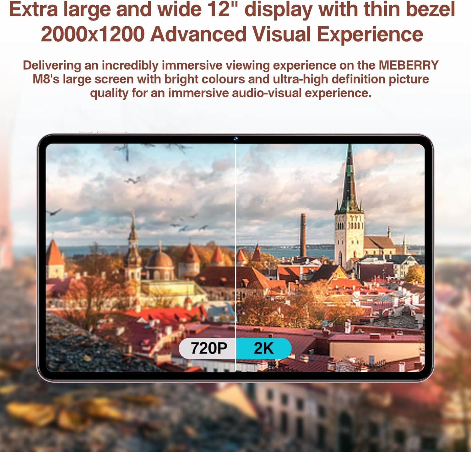 Comparison of 720P display quality versus 2K display quality on the MEBERRY Tablet M8, highlighting the superior clarity of 2K.