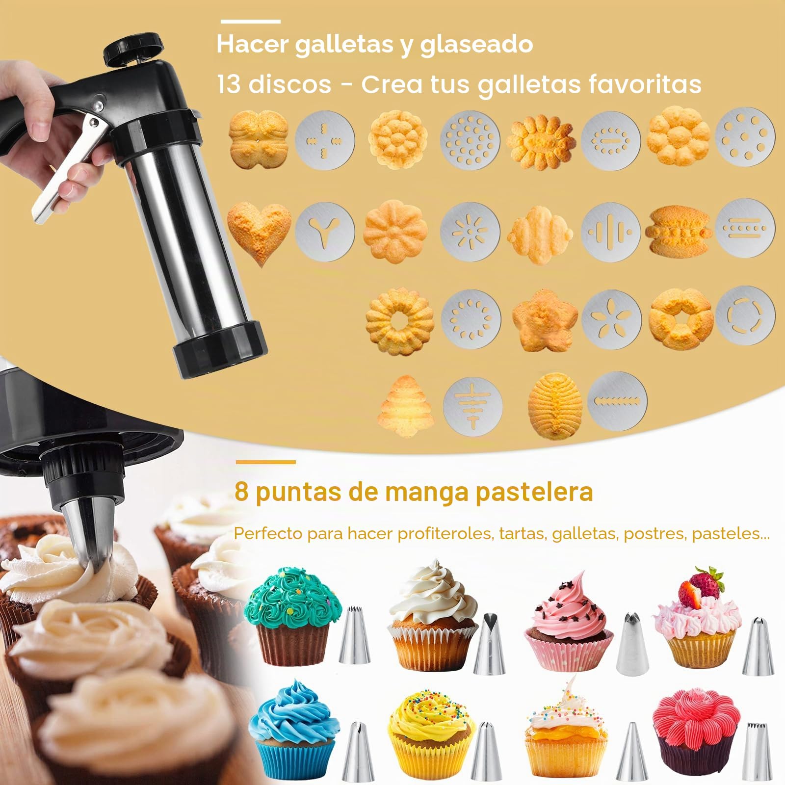 Churreras para Churros Acero Inoxidable,Prensa de Repostería para Galletas,Máquina para Hacer Churros con 16 Plantilla,8 Boquilla y Mangas Pasteleras, Biscuit Maker Machine para Churro Galletas