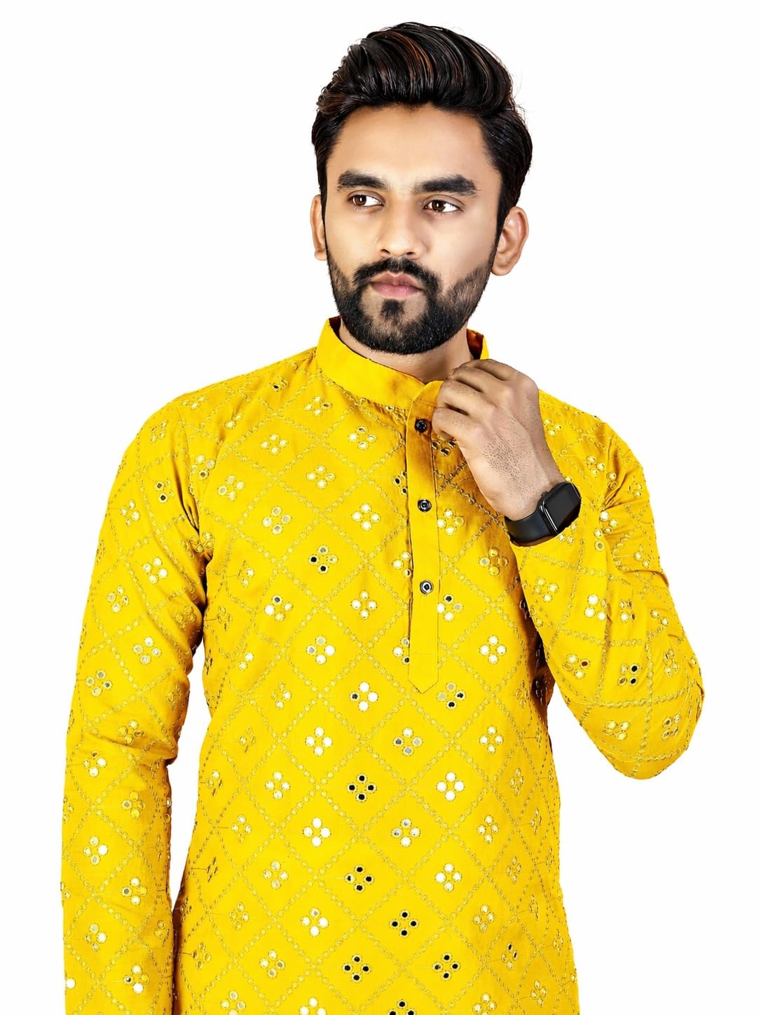 Men’s Mirror Work Kurta Cotton Blend Ethnic Wear for Men Knee Length Straight Kurta Mandarin Collar Full Sleeve Embroidered Festive Wedding Party Traditional Kurta-picture-37