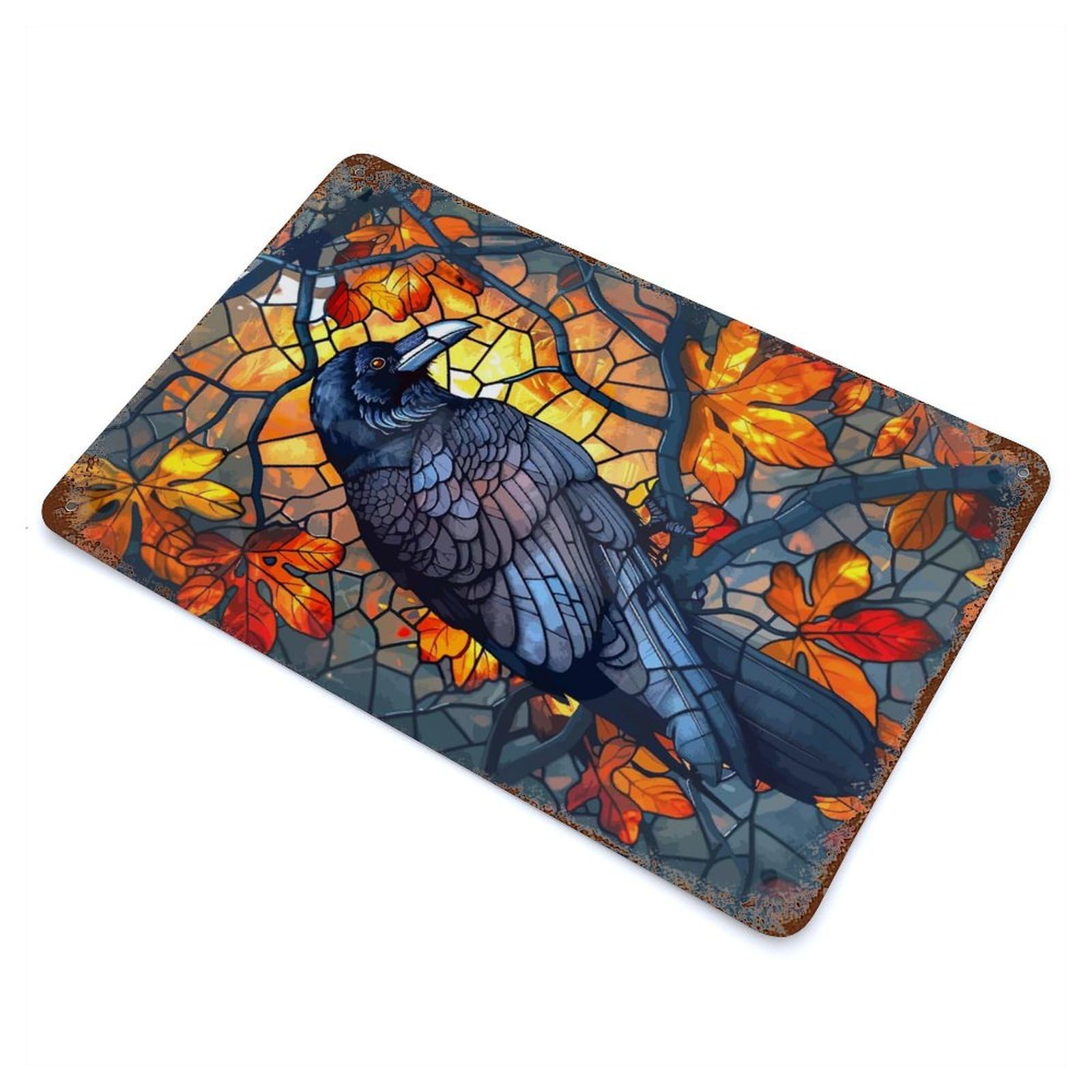 Raven in Autumn Stained Glass Rusty Metal Tin Sign 11.8"x7.9", for Pub, Kitchen And Man Cave Decor, Farmhouse Wall Decor