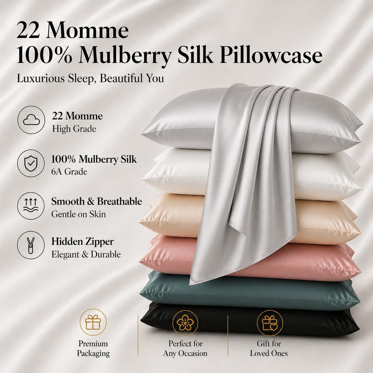 Funda de almohada 100% seda fabricada en Estados Unidos, 22 momme, lavable a máquina, hipoalergénica... (gris, estándar)