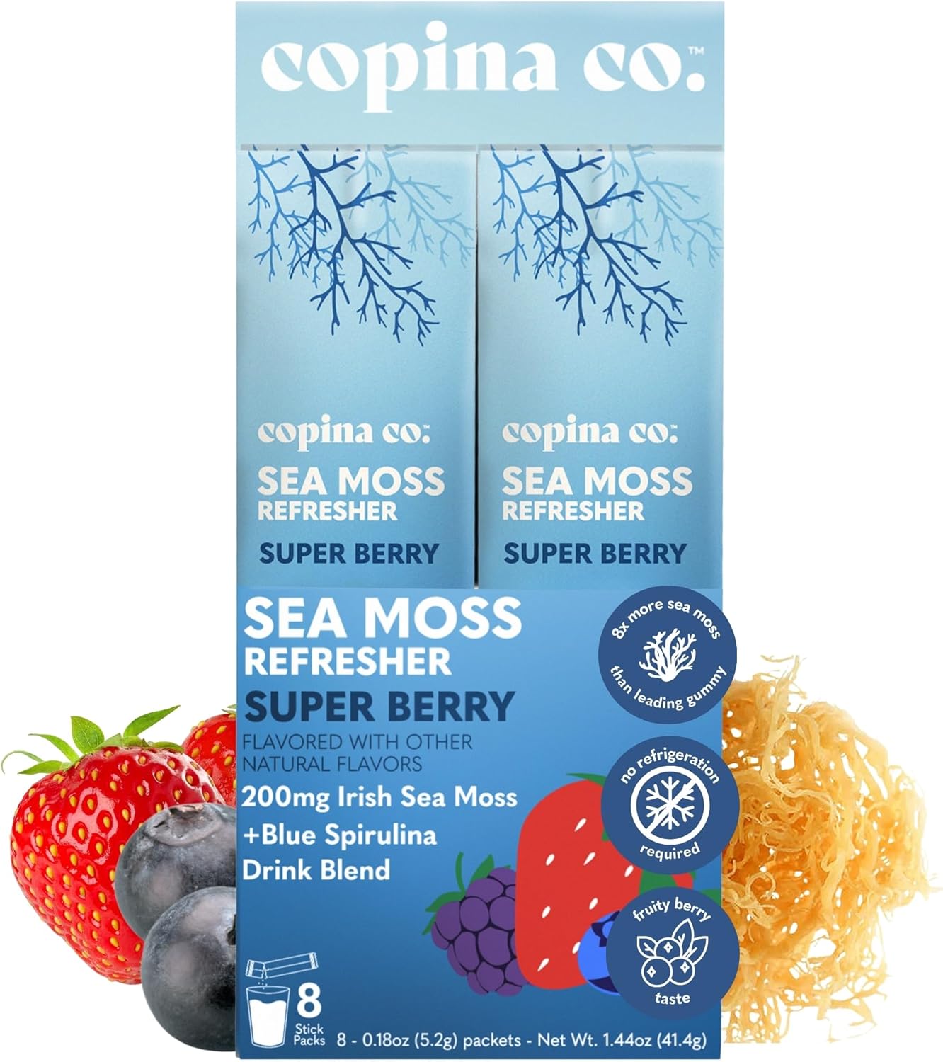 Copina Co. Irish Sea Moss Powder Drink - Super Berry with Organic Blue Spirulina - 200mg Organic Sea Moss for Gut & Skin Health, Immunity - Natural Electrolytes I 8 Stick Packs