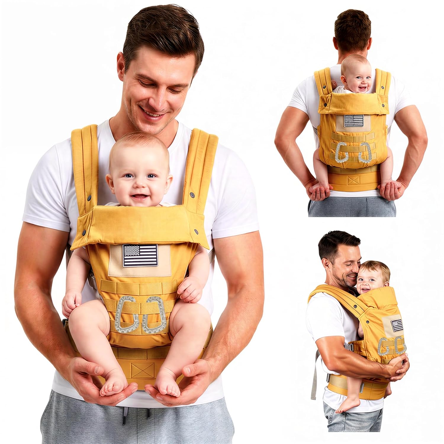 Baby Carrier, Lumbar Support Infant Carrier (0-36M, 8-33 lbs) with Foldable Headrest Carabiners for Big and Tall Parents, Men, Women (Yellow)