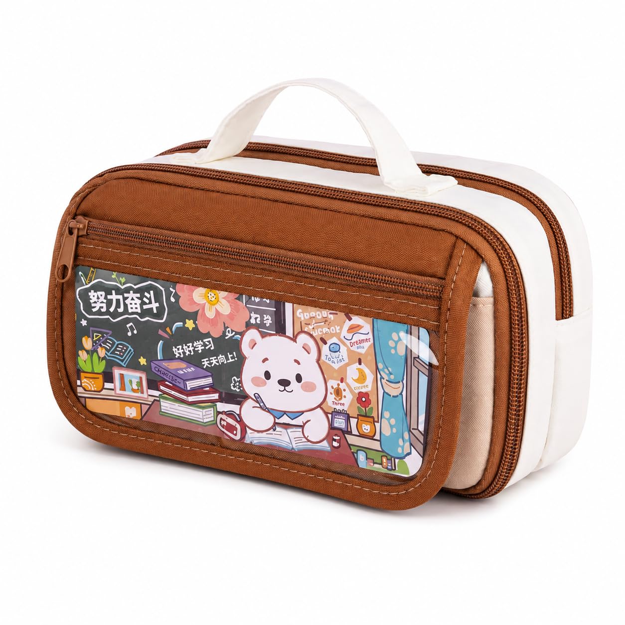 School Bag Cute Bear Printed Pencil Pouch with Transparent Front Pocket, Multi Compartment Large Capacity, Aesthetic Cute Stationery for Kids, Pencil Case for Girls & Boys-image-11