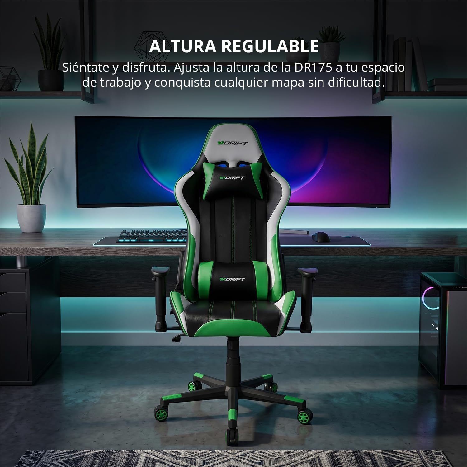 DRIFT GAMING DR175 - Silla Gaming Profesional, polipiel, reposabrazos ajustables 2D, pistón clase 4, giratoria, mecanismo de mariposa, cojín lumbar y cervical, color negro/blanco/verde