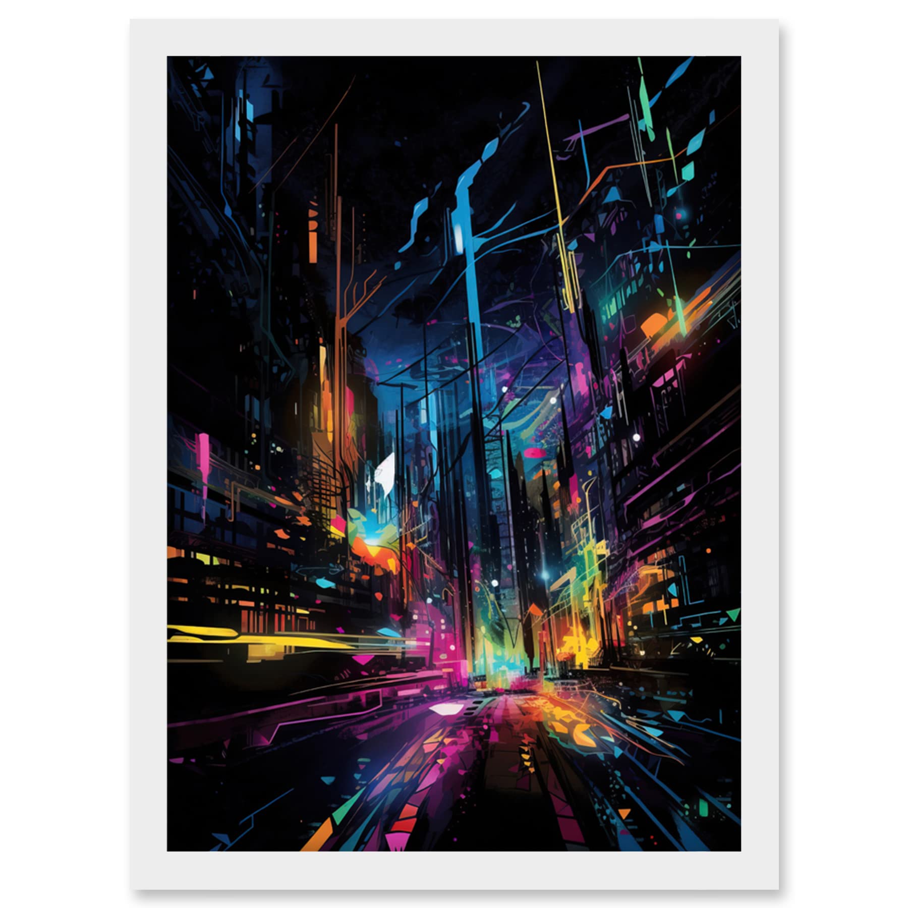 Artery8 New York City at Night Modern Abstract Neon Contrast Painting Artwork Framed Wall Art Print A4