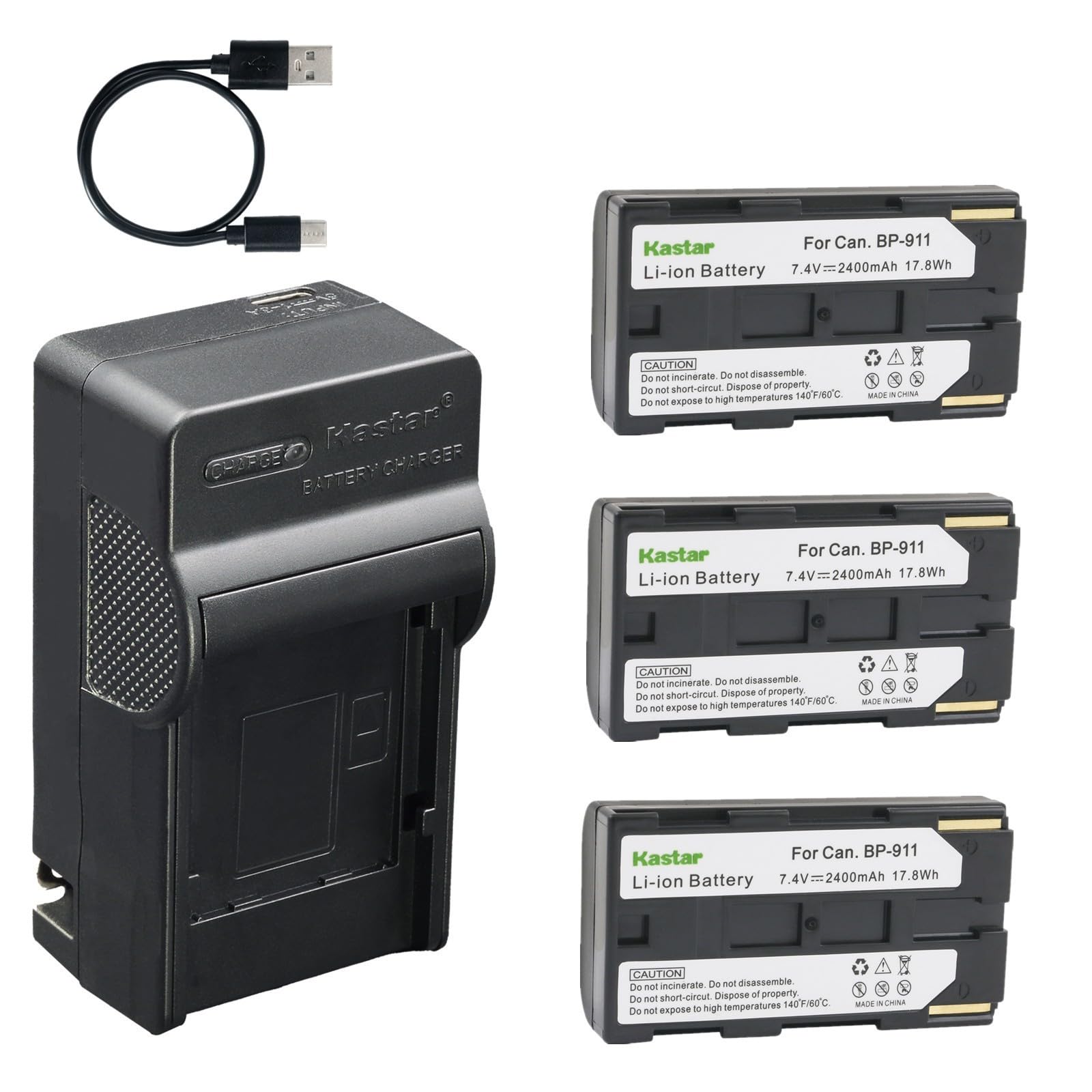 Kastar 3-Pack Battery and AC &amp; USB-C Charger, Compatible with Canon BP-911, XF100 XF105 XF200 XF205 XF300 XF305 XF400 XF405 C100 C300 C500 XH-A1 XH-G1 XL1 XL2 GL1 GL2 XM2 and More Camcorders