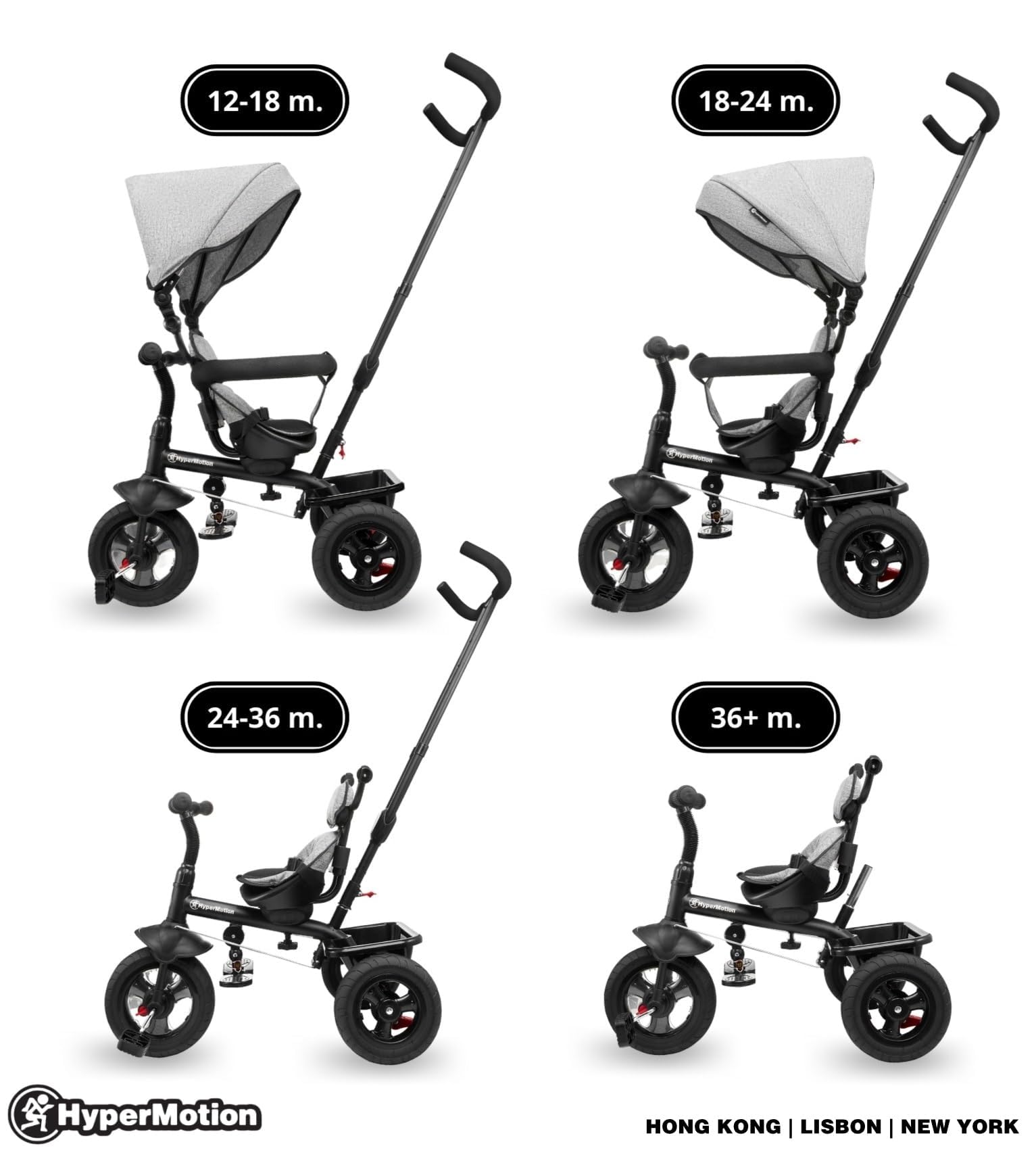 HyperMotion Triciclo Infantil con Manillar para Padres - Bici Bebé 1 Año Evolutiva hasta 20kg - Modelo Similar Kinderkraft con Barra de Empuje - Saltador Bebe Gris