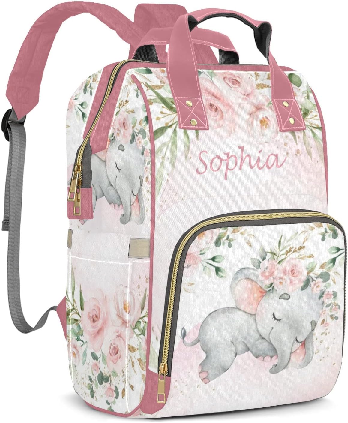 Pink Elephant Flower Diaper Bag Backpack Multifunction Bags with Changing Pad Unisex Stylish Travel Back Pack Nappy Custom Bag for Moms Dads