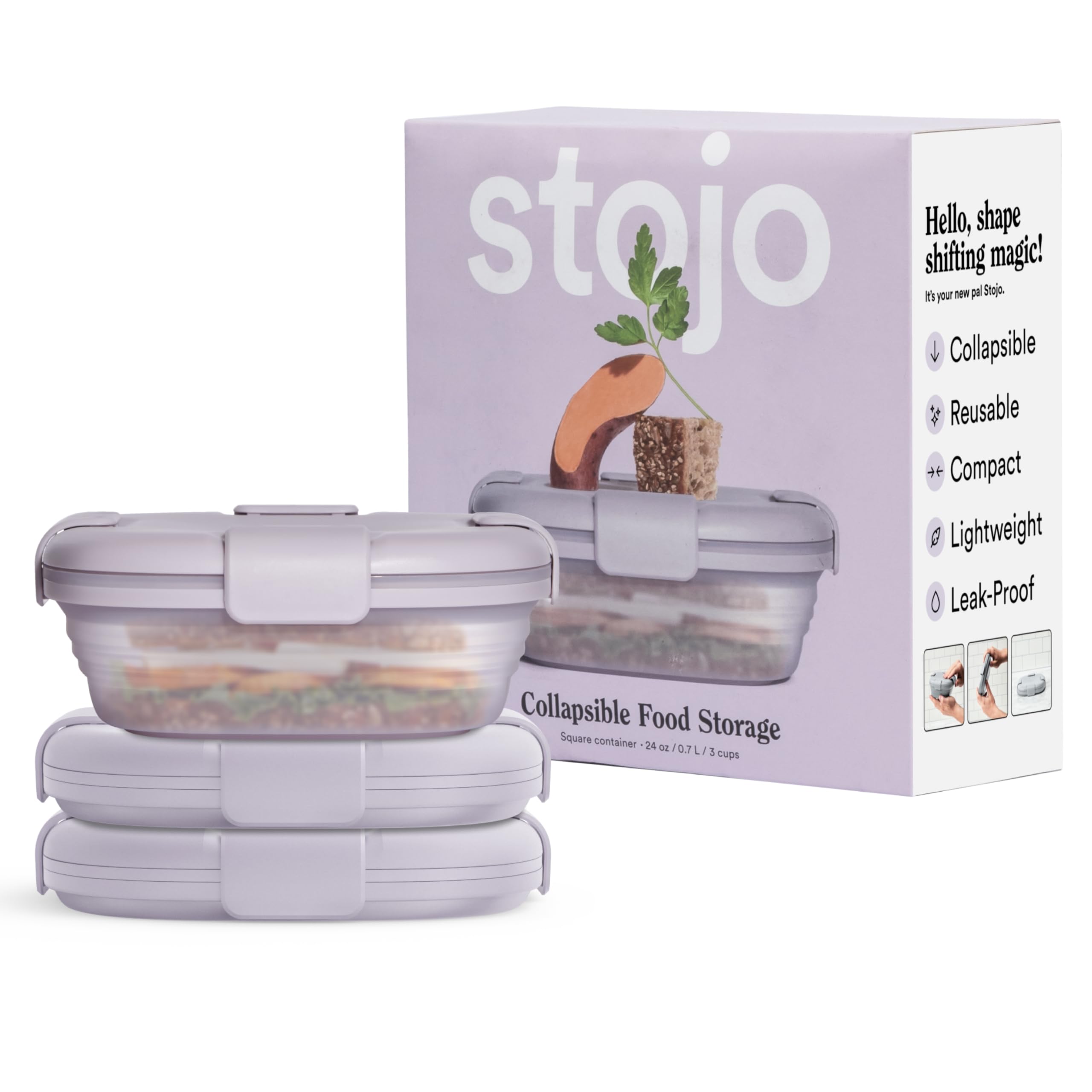 STOJO Collapsible Sandwich Box – 24oz, Reusable Food Storage Container, Silicone Bowl for Hot/Cold Food – Meal Prep, Lunch, Camping, Hiking – Dishwasher Safe (Set of 3, Translucent Lilac)