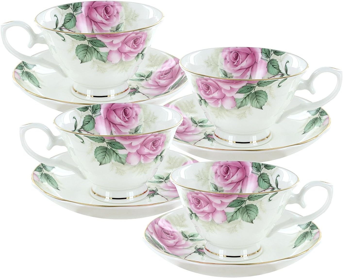 Coastline Imports Rose Bouquet Bone China Cup And Saucer Set Of 4