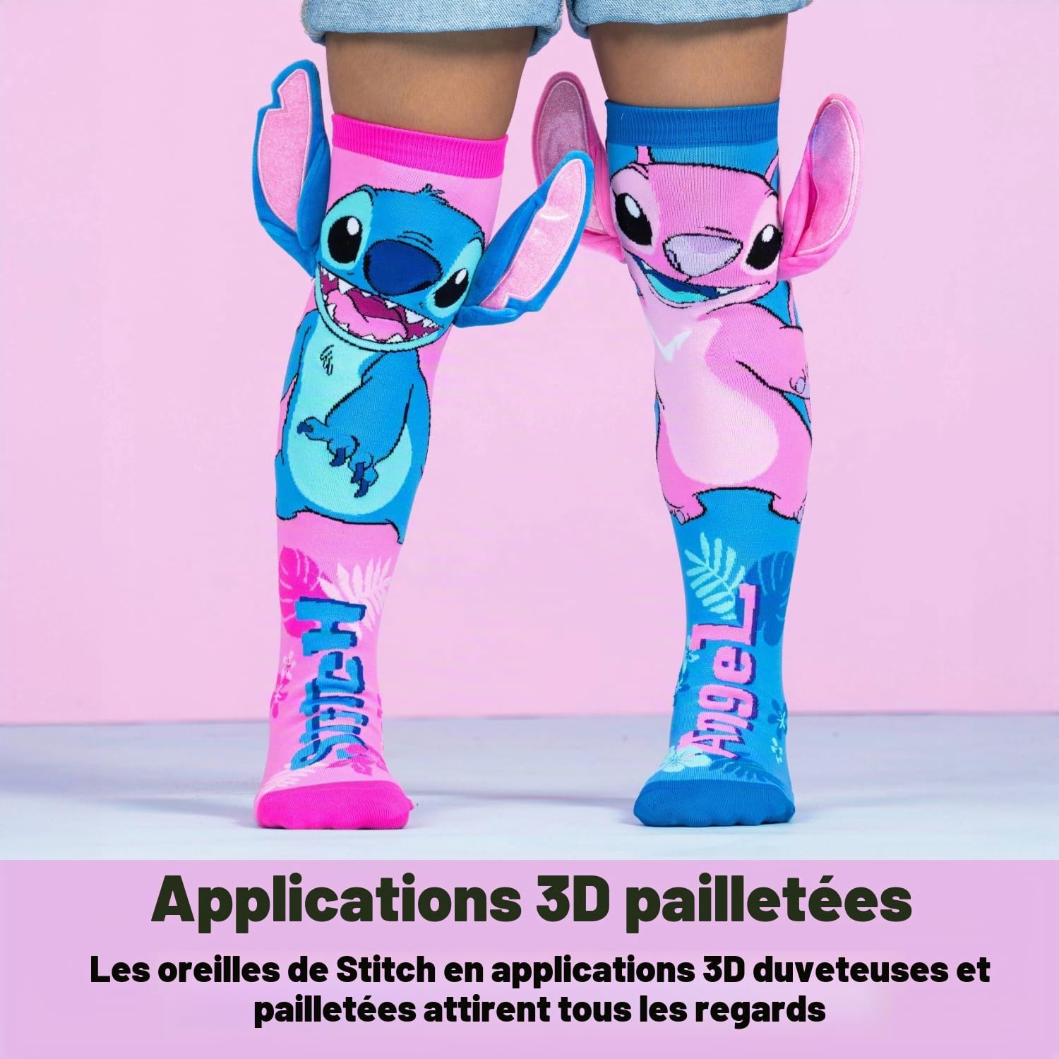 Madmia Chaussettes Stitch Hawaii : chaussettes colorées avec applications 3D, pour enfants et adultes de 6 à 99 ans (29014MM), Bleu/rose, 6-99