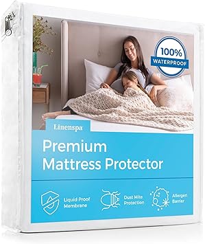 Linenspa Waterproof Mattress Protector, Queen Size Fitted Sheet Style, Breathable, Machine Washable & Dryer Safe, White