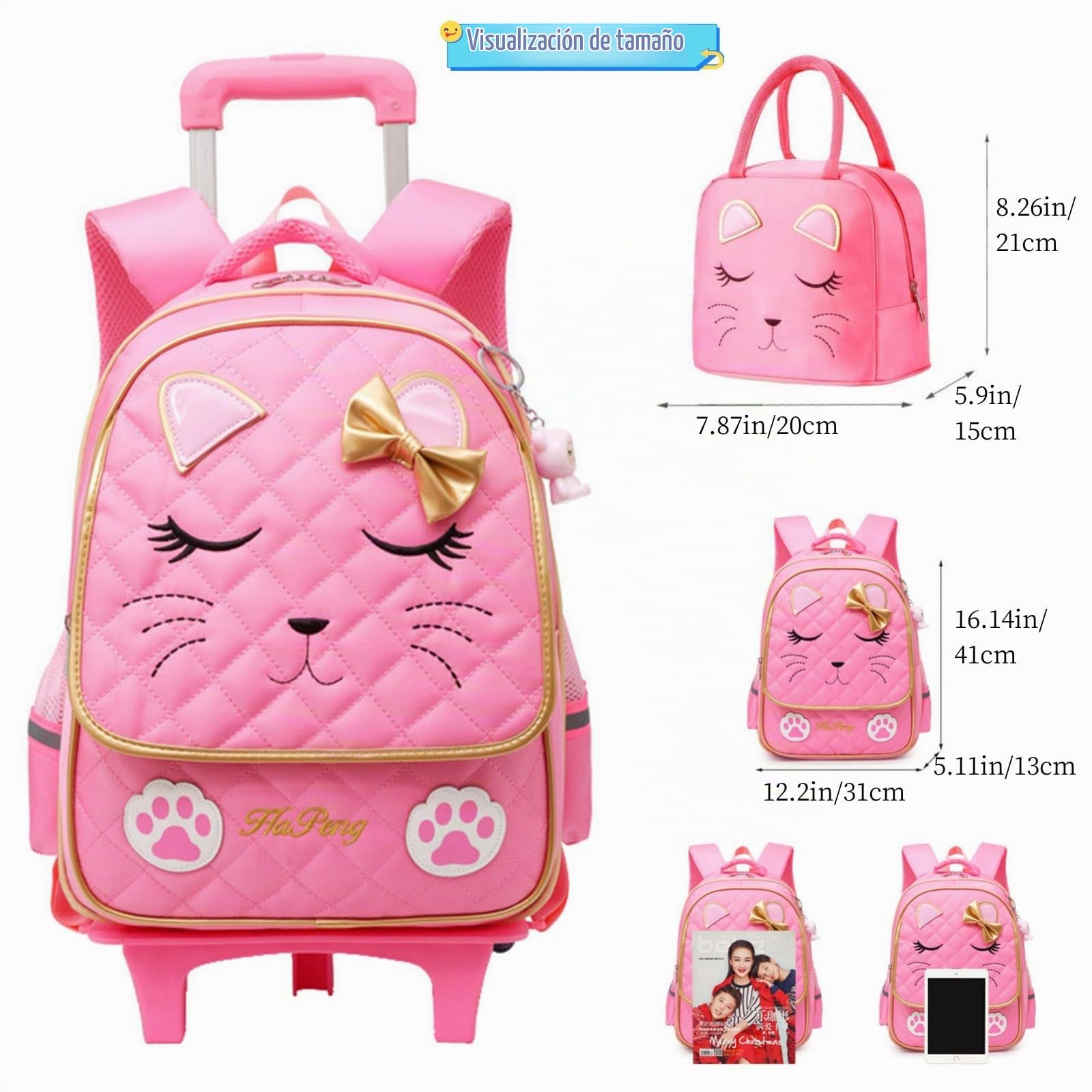 MITOWERMI Mochila con ruedas para niñas, mochila escolar con cara de gato, mochilas para niños con ruedas, equipaje de viaje