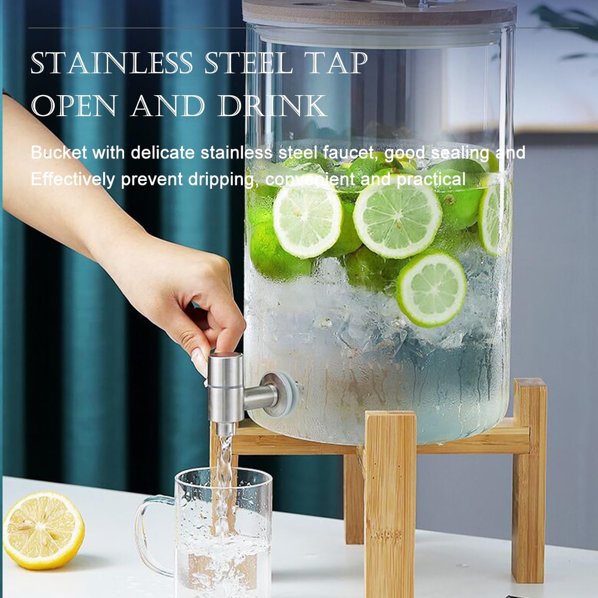 Dispenser per bevande con rubinetto e supporto in legno, bottiglia di succo in vetro per feste, dispenser per bevande con supporto, elegante e funzionale