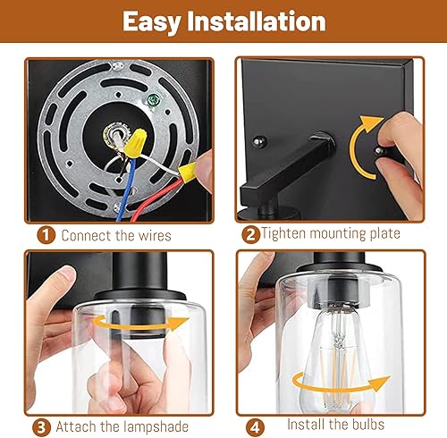 Miniatura 7 de Juego de 2 apliques de pared, juego de luces de baño negro mate, juego de luces de pared de granja, luces de tocador con pantalla de vidrio