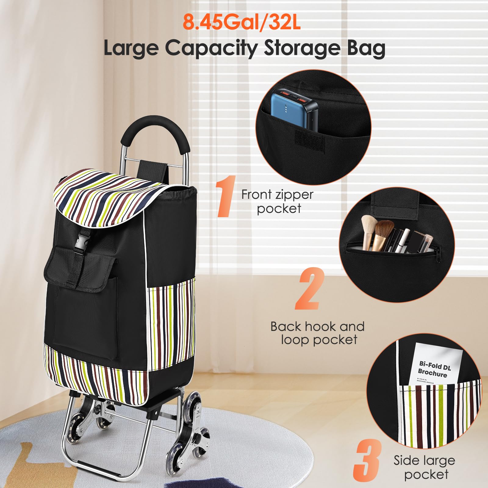 Carrello Spesa 3 Ruote Scale, Carrello Portaspesa Pieghevole, 32L, Capacità di Carico 30kg, Borsa di Stoccaggio Rimovibile, Ruote in Acciaio inox, per Salire le Scale