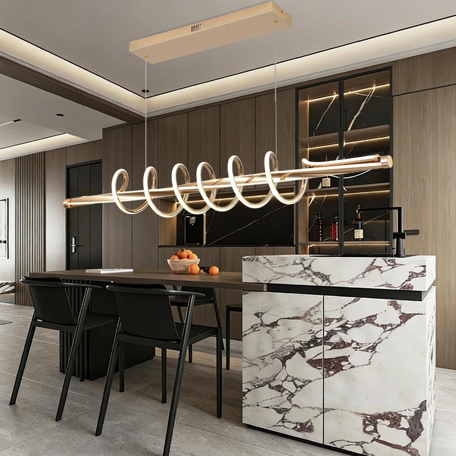 Gold Led Chandelier for Dining Room,Modern LED Chandelier Dining Room Lighting Fixture Dimmable with Remote,Minimalist Kitchen Island Lighting Ceiling Hanging Height Adjustable Music Note Design