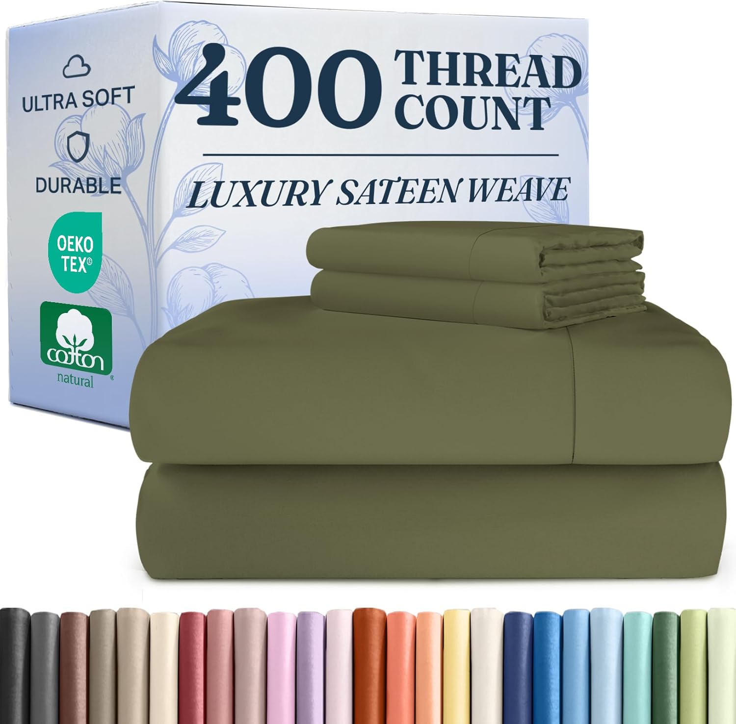 400 Thread Count Cotton Sheet Set - Queen Size 100% Cotton Sheets - Easily Fits 8" to 16" Mattress - Silky-Soft, Wrinkle Free, Breathable, Comfy - Deep Pockets & Hotel Quality Bedding Set - Sage Green
