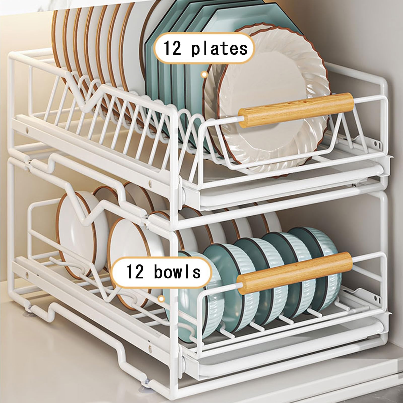 Geschirrhalter für die Küche, Weißer Geschirrtrockner mit Schublade, 40 x 30 x 13 cm, mit herausnehmbarer Abtropfschale(Bowl Racks)