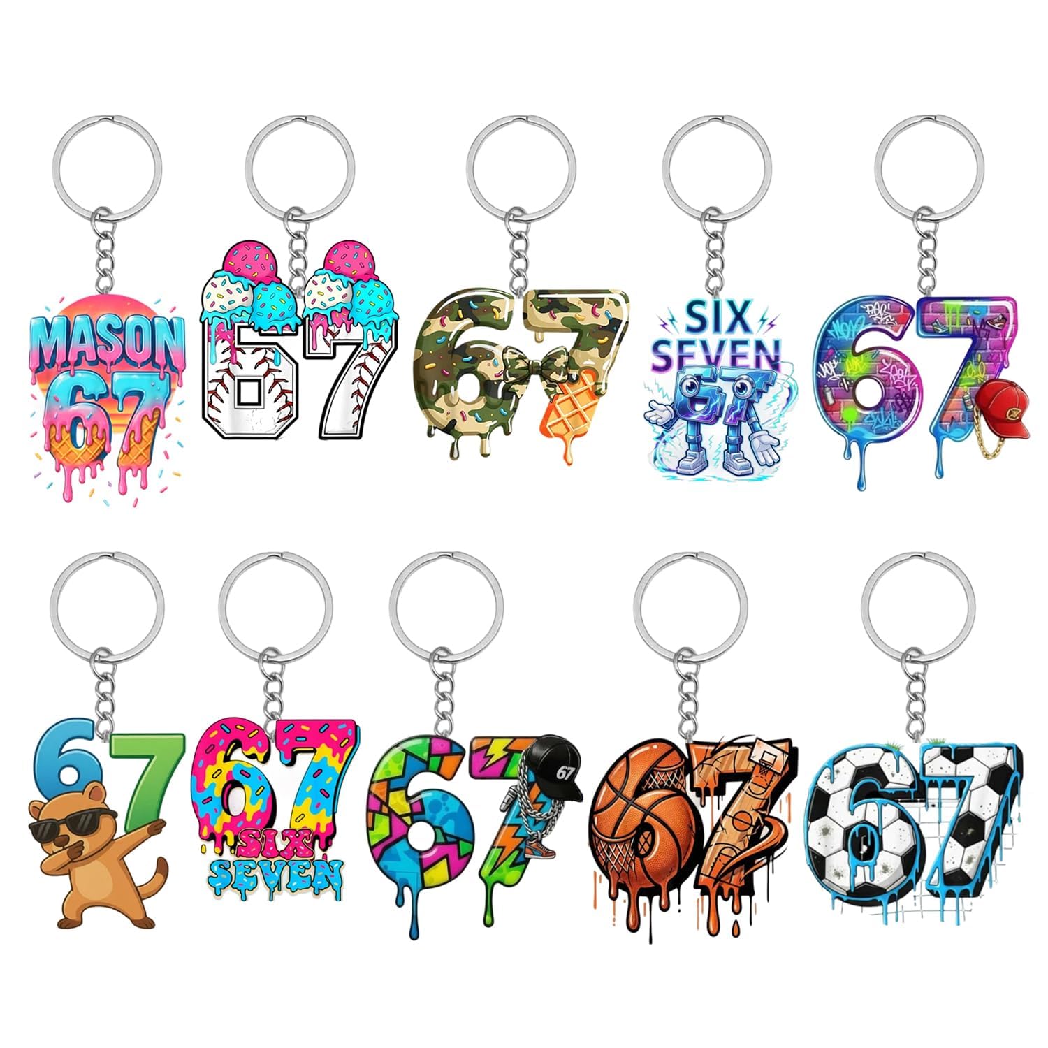 Kids Keyrings, 10pcs 67-Theme Acrylic Keychains, Italian Brainrot Keyrings,