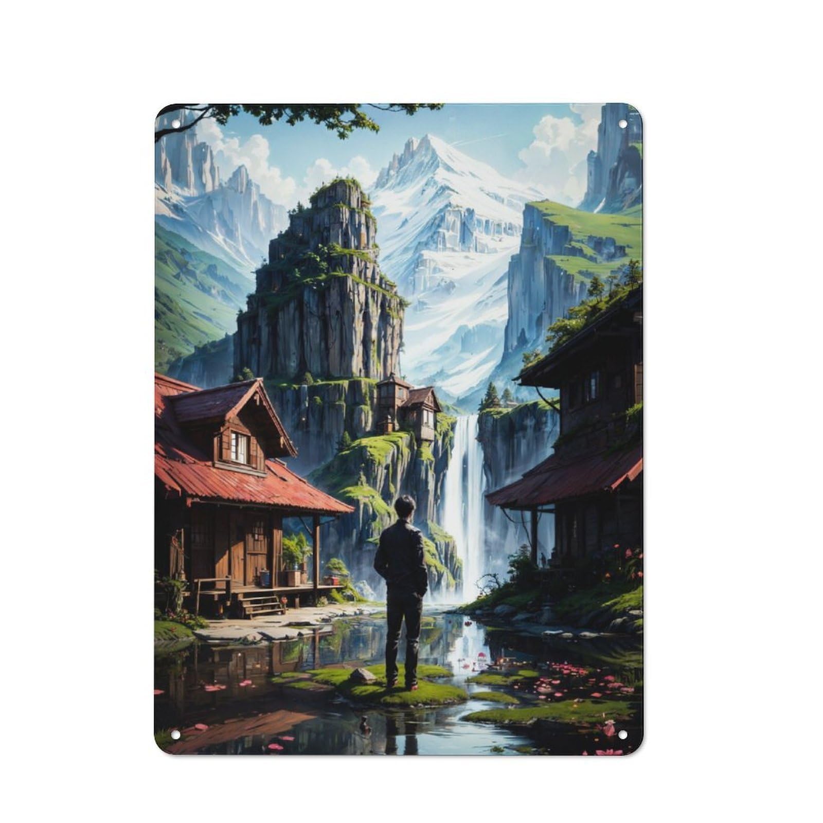 Junmoney Village Fantasy Nature Tin Wall Plaque 40X30cm With For Bar Or Restaurant, Autumn Wall Decor For Hospitality Decor Collectors