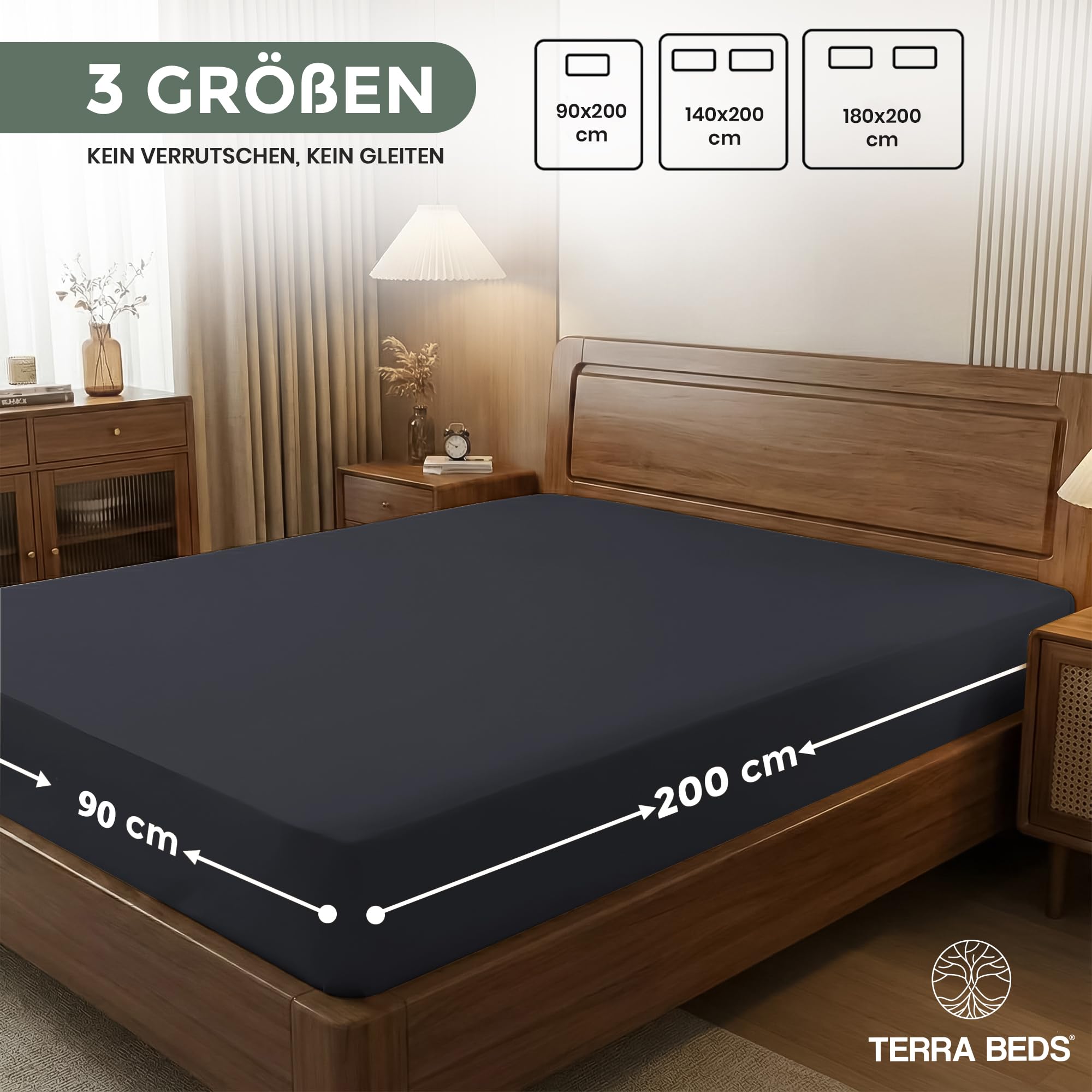 Terra Beds Prześcieradło z gumką 90 x 200 cm – prześcieradło z gumką z poliestru z mikrofibry, certyfikat Öko-Tex, kieszeń na głębokość 35 cm, niegniotące się prześcieradło dżersejowe – antracytowe