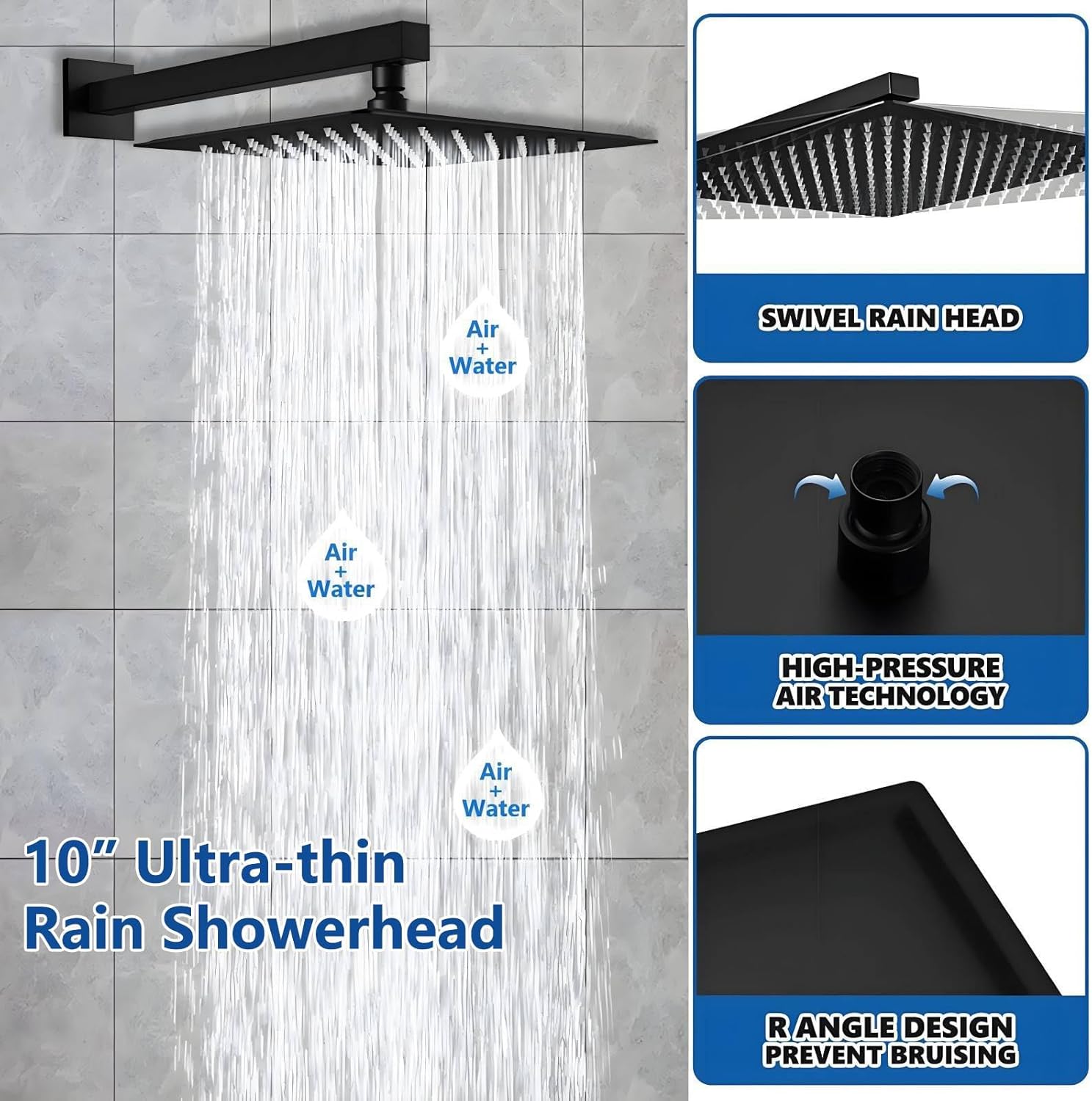 10-inch ultra-thin rain showerhead with air and water flow