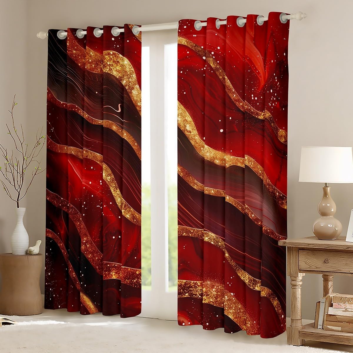 Marble Print Blackout Curtains,Gold Marbling Geometric Stripes Window Drapes for Boys Girls Adults,Artwork Abstract Stone Red Black Bright Window Treatments Grommet Top 2 Panel Set,42Wx84L inch