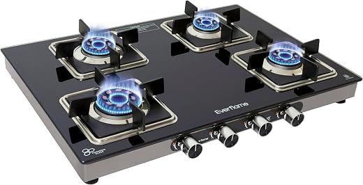 Everflame Astra 4 Burner Gas Stove | Manual Ignition | Toughened Glass | 5G Forged Brass Burner | LPG Compatible | 5 Years Warranty on Glass &…