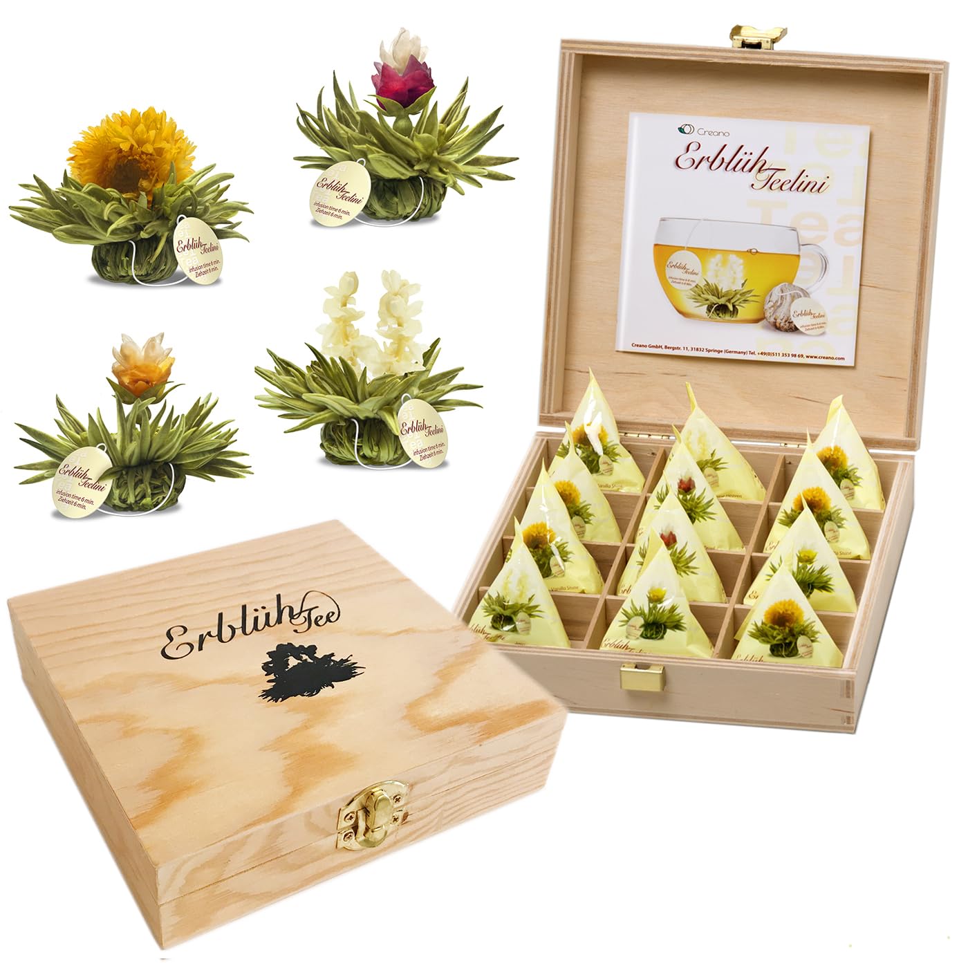 Creano Blooming Tea - Teelini Flowers in Cup Size - Gift Set in Wooden Box - 12 Pcs in 4 Varieties - White Tea